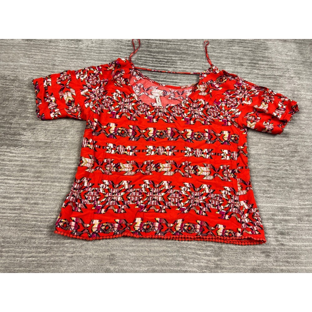 Red Camel Blouse Womens Medium Red Tribal Print Cold Shoulder Boho Pom Pom Trim